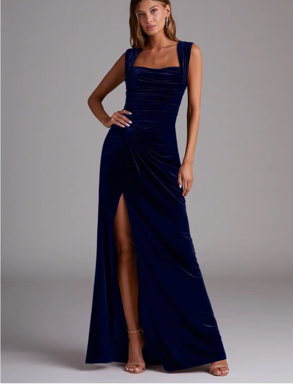 Azazie Navy Velvet Square-Neck Gown with Front Slit